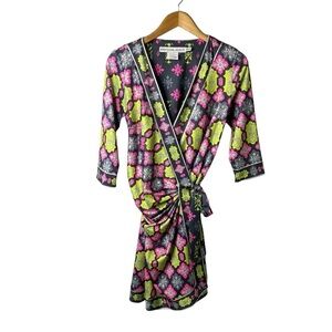 Gretchen Scott Wrap Dress Printed  V Neck Size XS Gray Green Pink